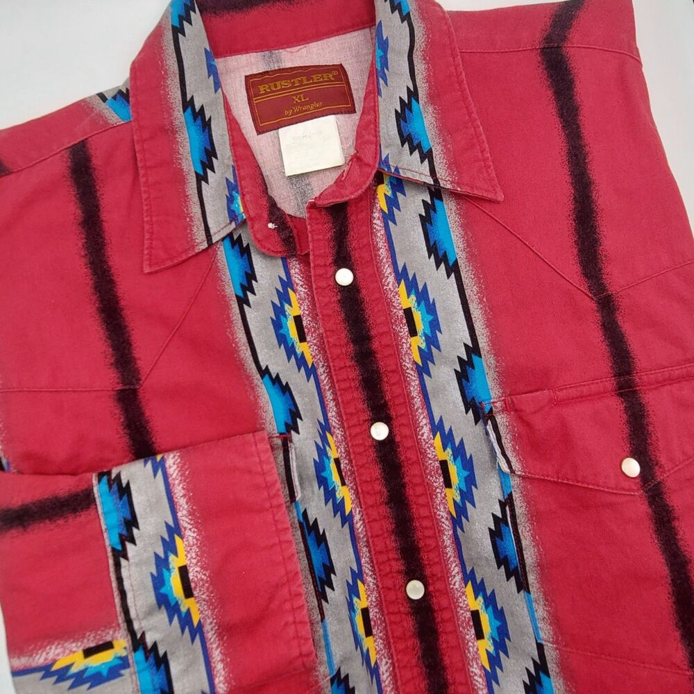 Rustler by Wrangler Pearl Snap Shirt Men's XL Red Aztec Southwestern Vintage